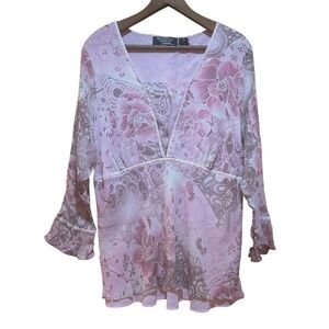 New York City Designs Silk Blouse Women 2X Pink Floral Babydoll Y2K Fairy Dainty